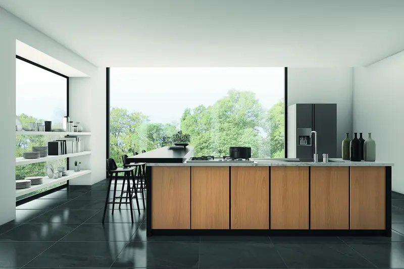 Renovierte moderne Küche mit anthrazitfarbenen Bodenfliesen 60x60